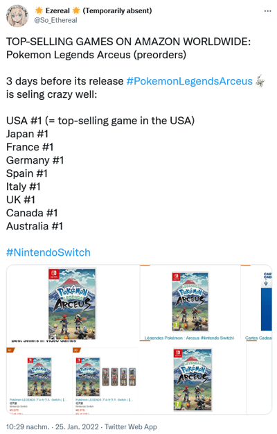 Tweet su Pokémon Legends Arceus per Nintendo Switch, videogioco più venduto negli USA, Giappone e in buona parte dell'Europa