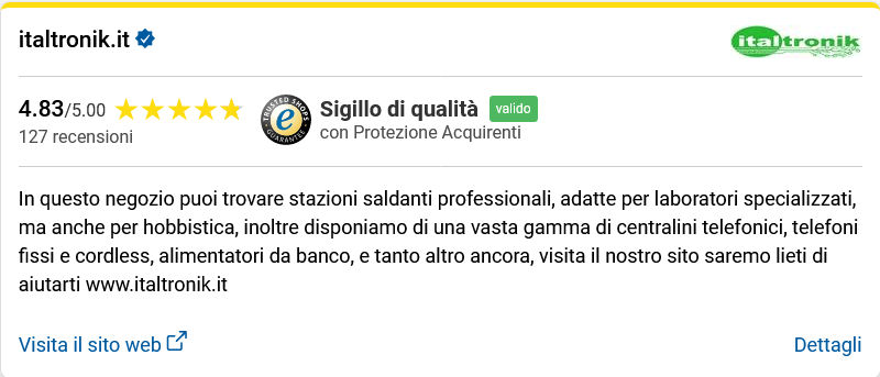 screenshot del profilo di un nostro aderente (italtronik.it) sulla pagina di ricerca negozi Trusted Shops. Breve descrizione con le parole chiave.
