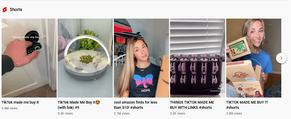 sezione di YouTube Shorts, video brevi di prodotti che TikTok ha fatto comprare agli utenti