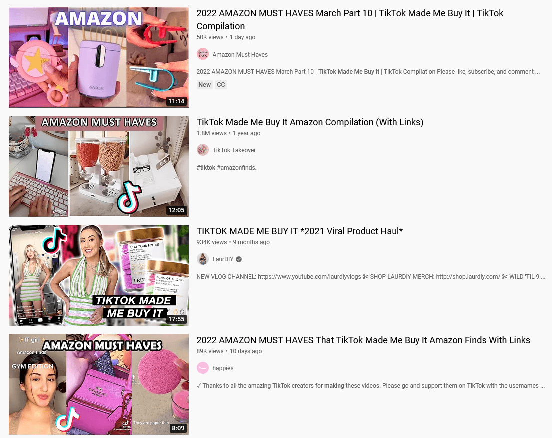 raccolta video homepage di YouTube, video Amazon di prodotti che tiktok mi ha fatto comprare